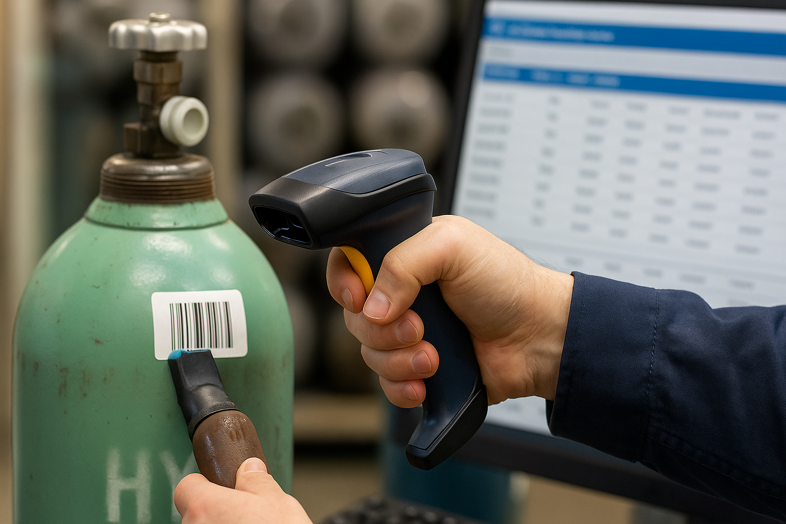 Worker scanning a gas cylinder with tracking software in background.
