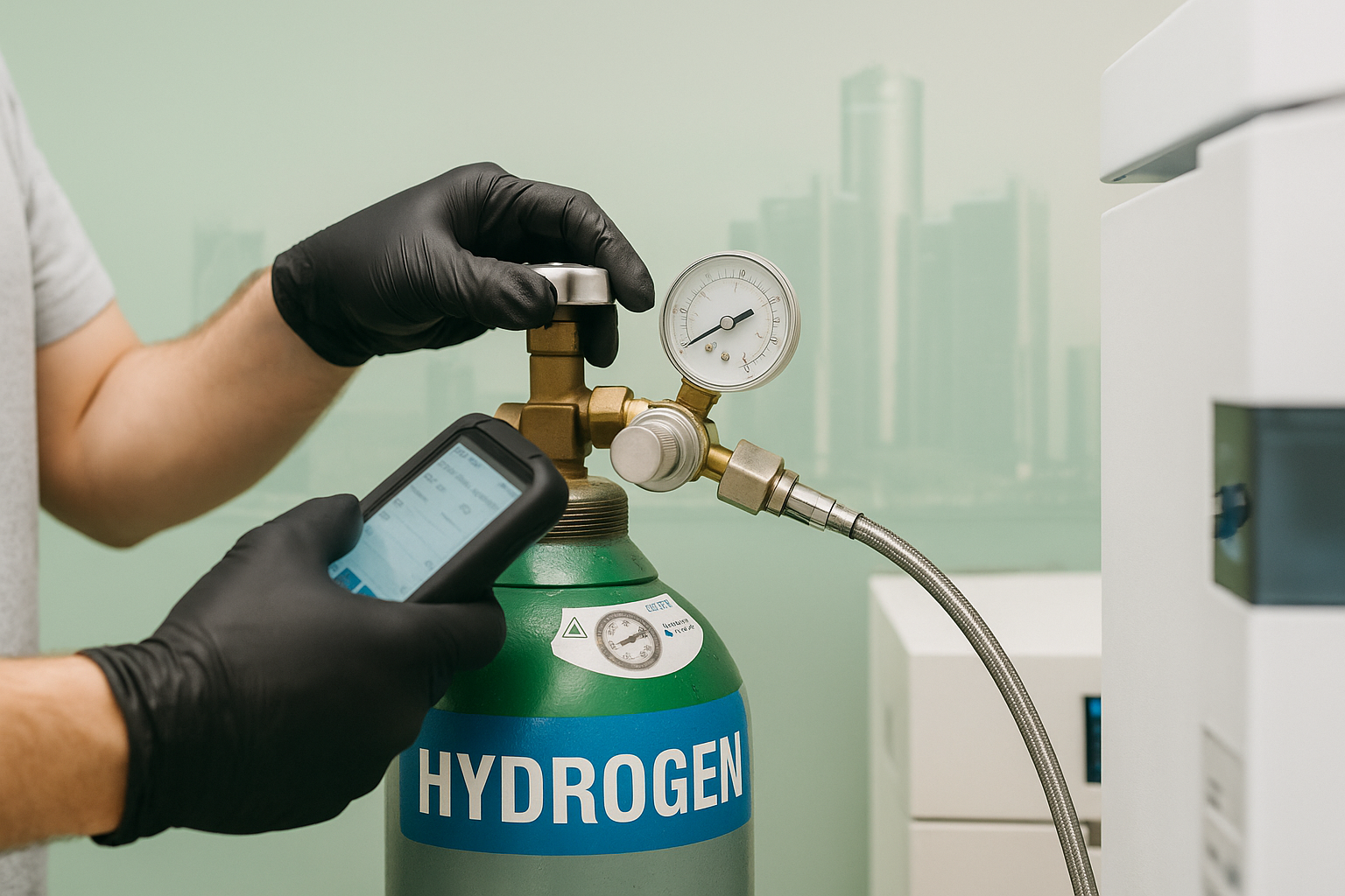 Worker handling hydrogen cylinder with Detroit skyline overlay.