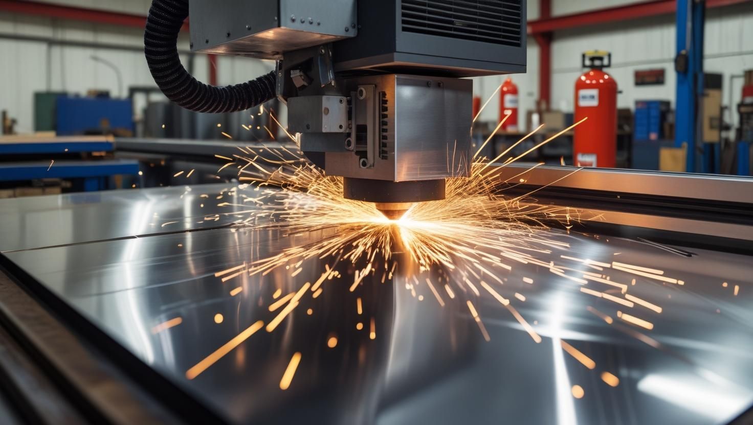 A machine is cutting a piece of metal in a factory.