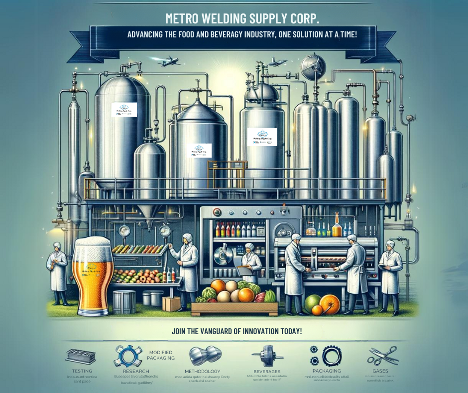 Advertisement for Metro Welding Supply Corp showcasing their role in advancing the food and beverage industry with innovative specialty gas solutions, featuring a modern food processing facility and beverage carbonation technology.