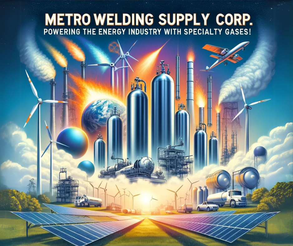 Advertisement for Metro Welding Supply Corp featuring wind turbines, solar panels, gas turbines, and specialty gas cylinders, highlighting their role in power generation, solar energy production, and emission control in the energy industry.