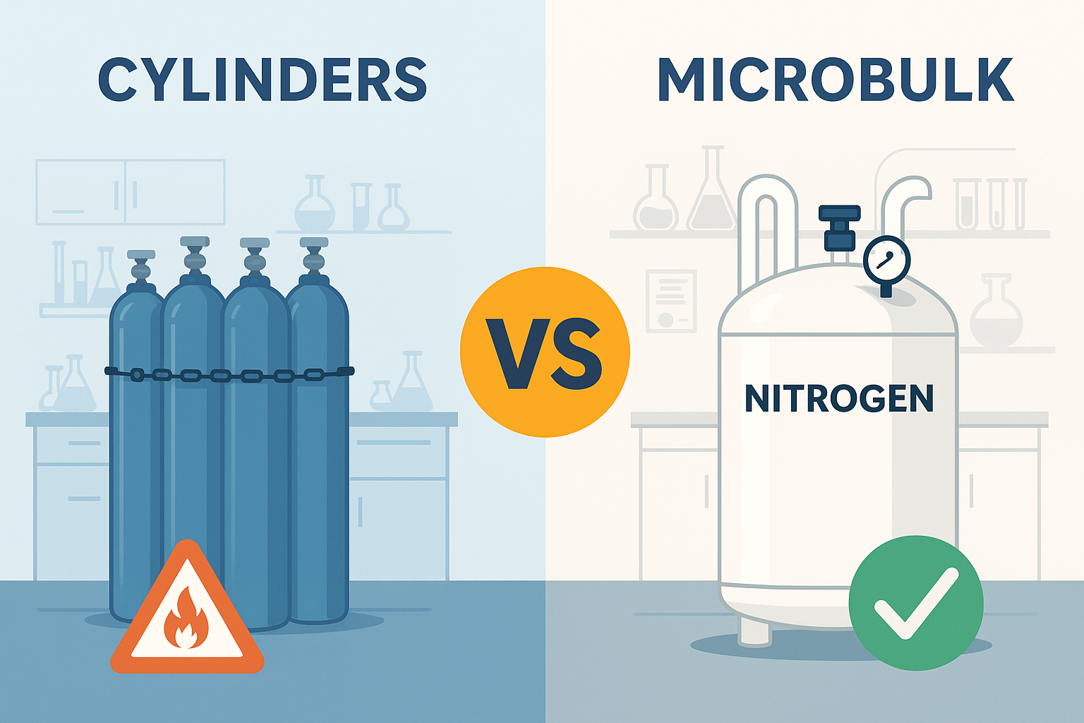 Side-by-side comparison of gas cylinders and a microbulk nitrogen tank in a lab setting, highlighting safety and efficiency differences.