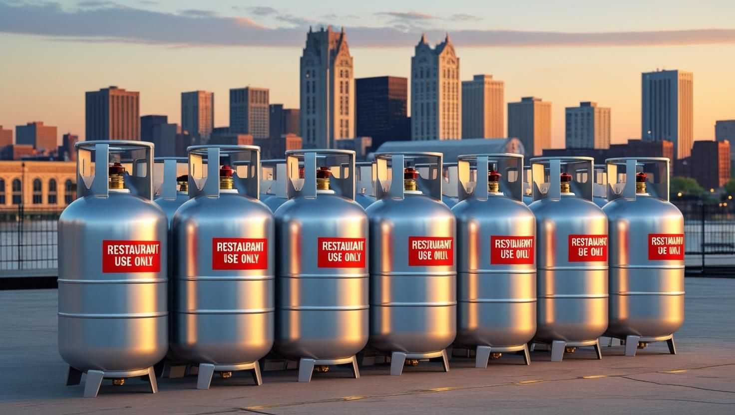 A row of propane tanks are lined up in front of a city skyline.