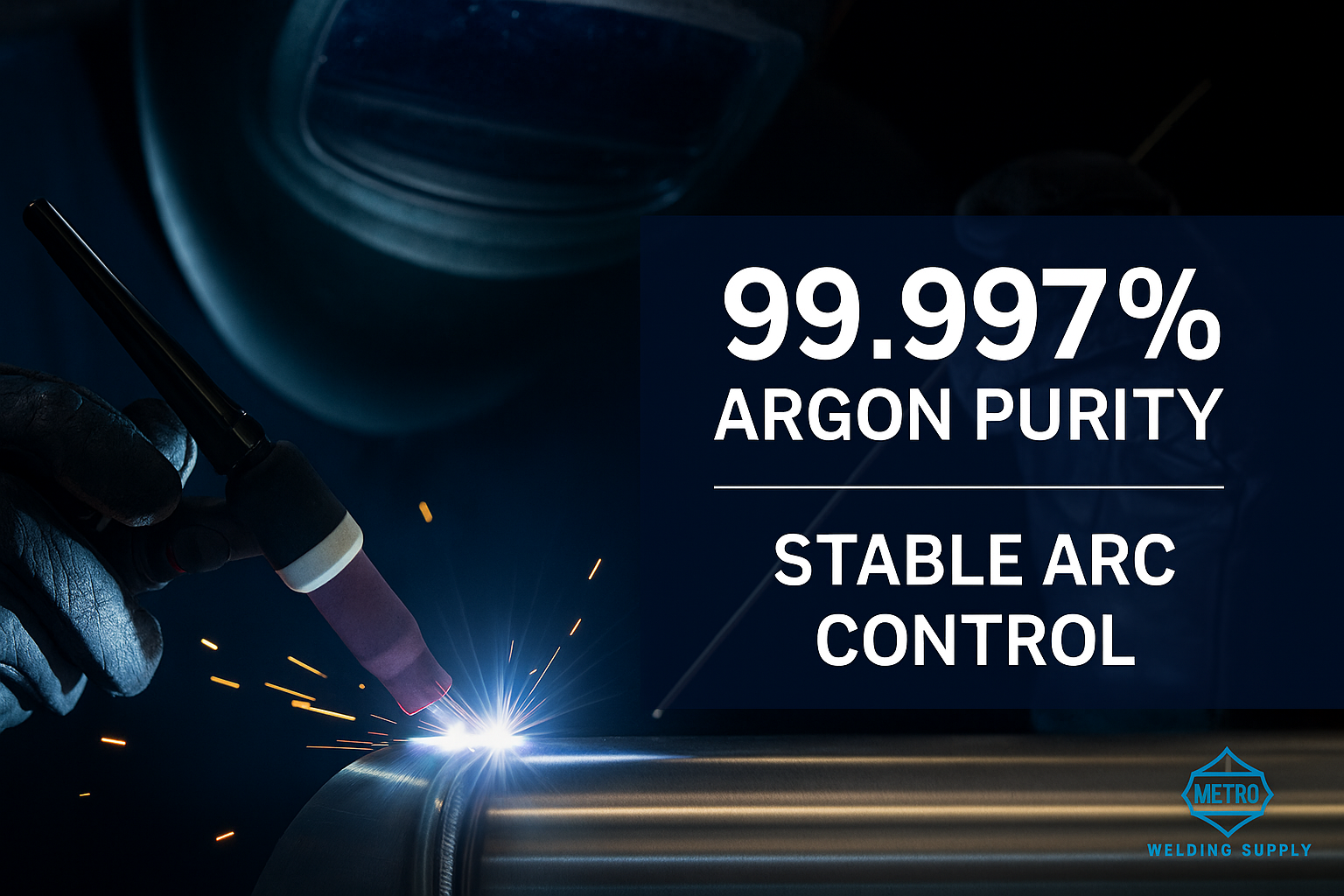 TIG welder working on stainless steel with 99.997% argon purity and stable arc control overlay from Metro Welding Supply.
