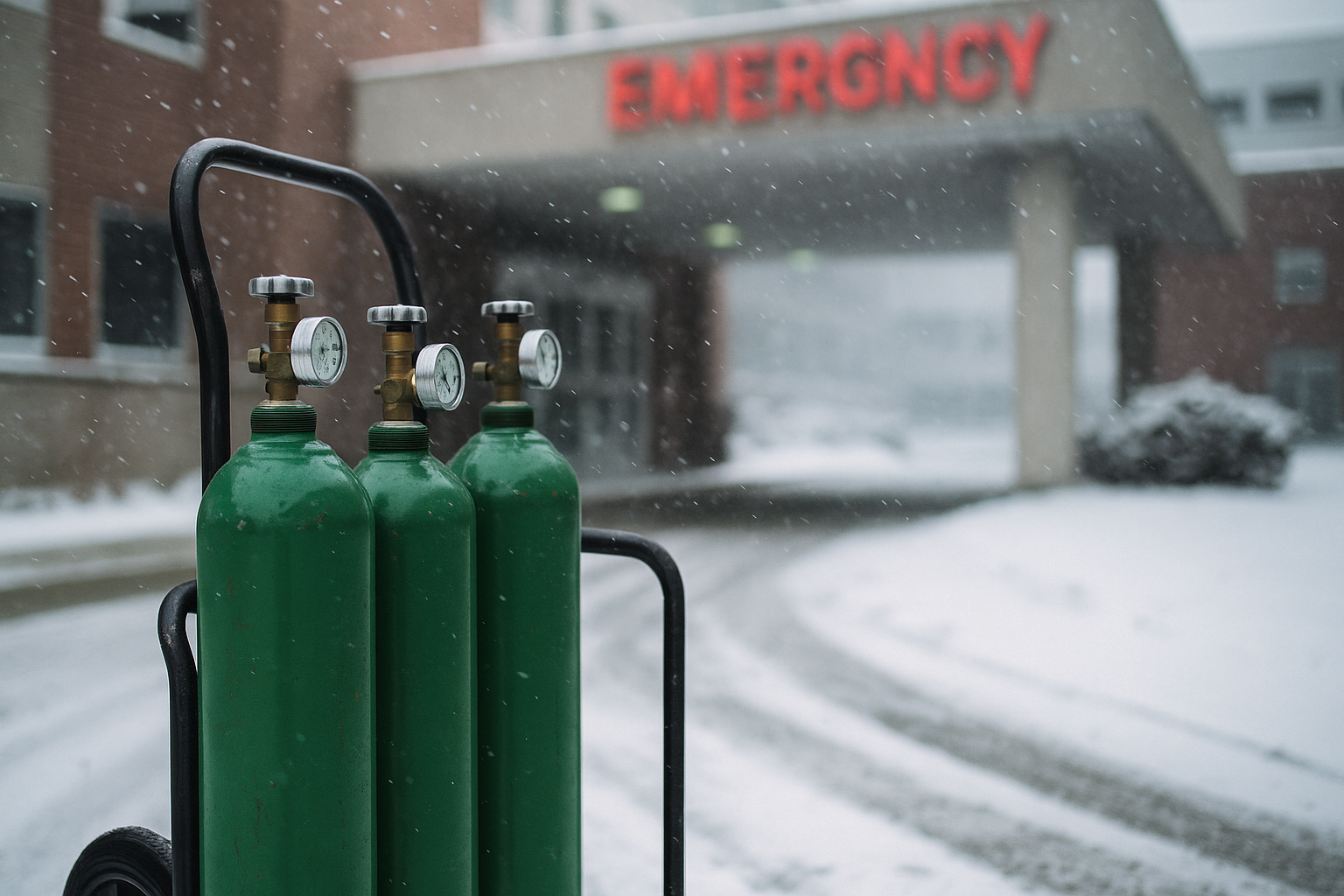 Oxygen cylinders being delivered outside snowy Detroit hospital.