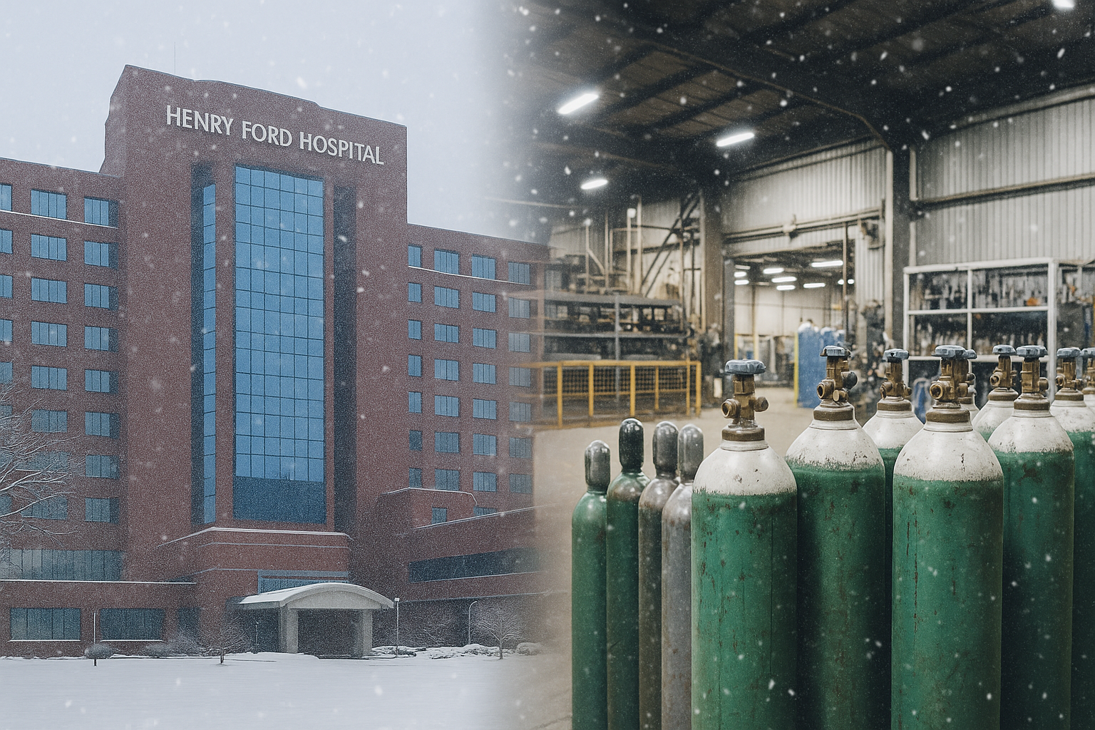 Thumbnail showing oxygen cylinders with snowy Detroit backdrop.