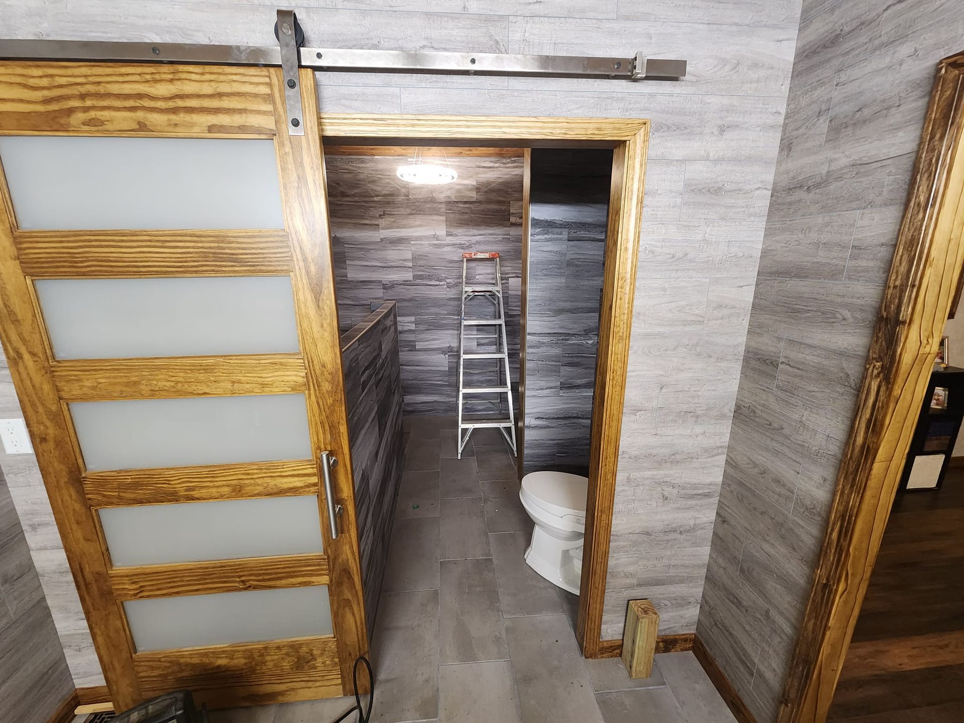 A bathroom with a toilet and a ladder in it