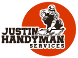 A logo for justin handyman services with a man holding a tool