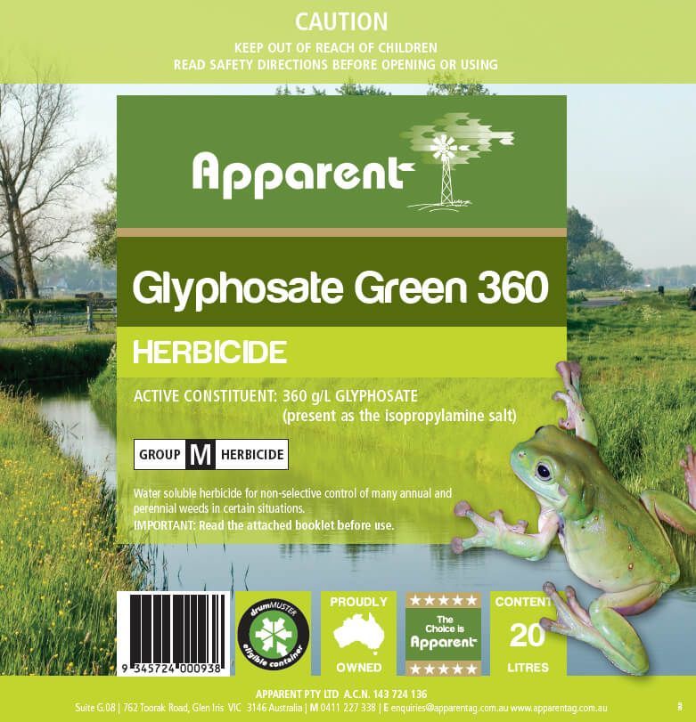 A Label for Glyphosate Green 360 Herbicide with A Frog on It — Hazells Farm & Fertilizer Services in Taminda, NSW
