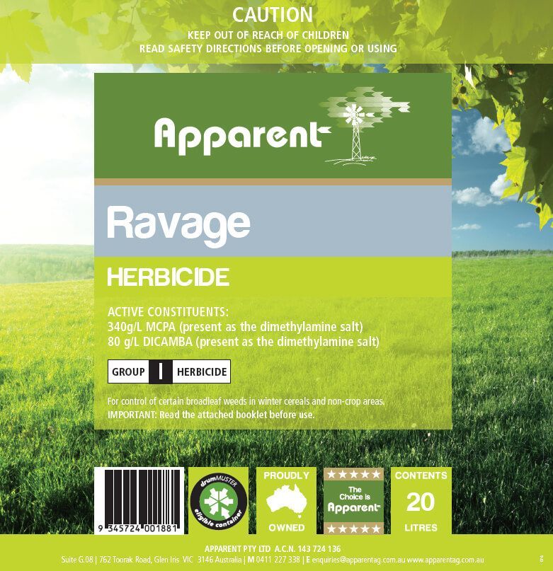 A Package of Apparent Ravage Herbicide Contains 20 Litres — Hazells Farm & Fertilizer Services in Taminda, NSW