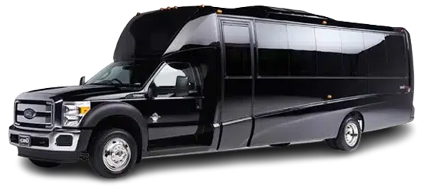 A black shuttle bus is parked on a white background