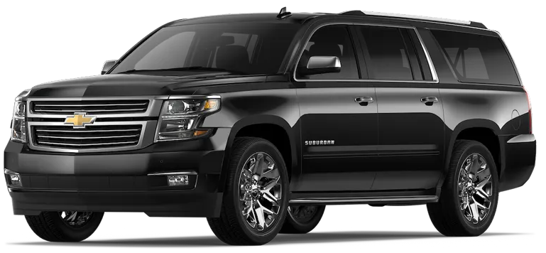 A black chevrolet suburban suv is shown on a white background.