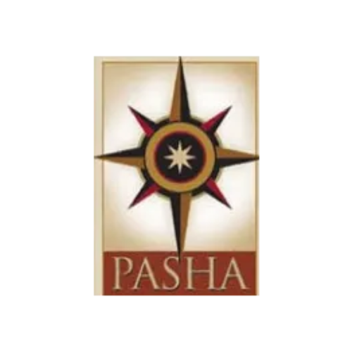 A logo for pasha with a compass on it