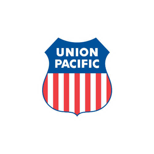 The union pacific logo is a red white and blue shield