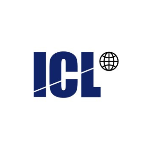 A blue and white logo for ici with a globe in the middle.