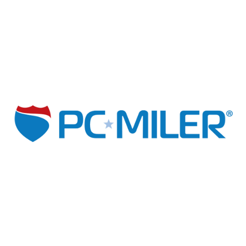 A blue and red logo for pc miler on a white background