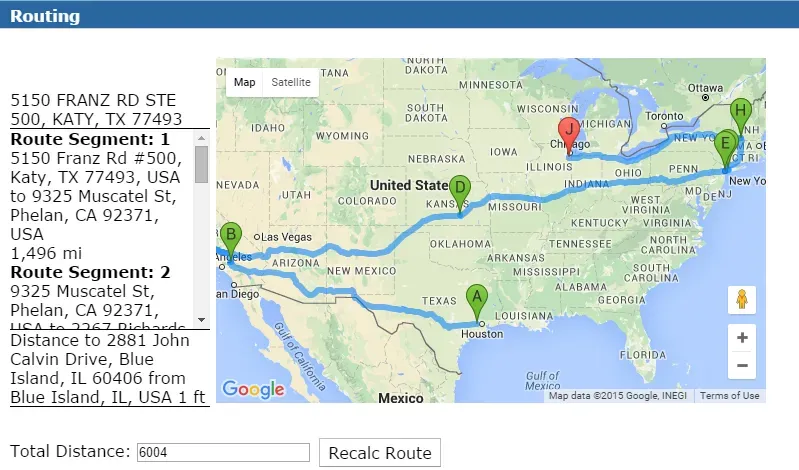 A map of the united states showing route segments 1 and 2