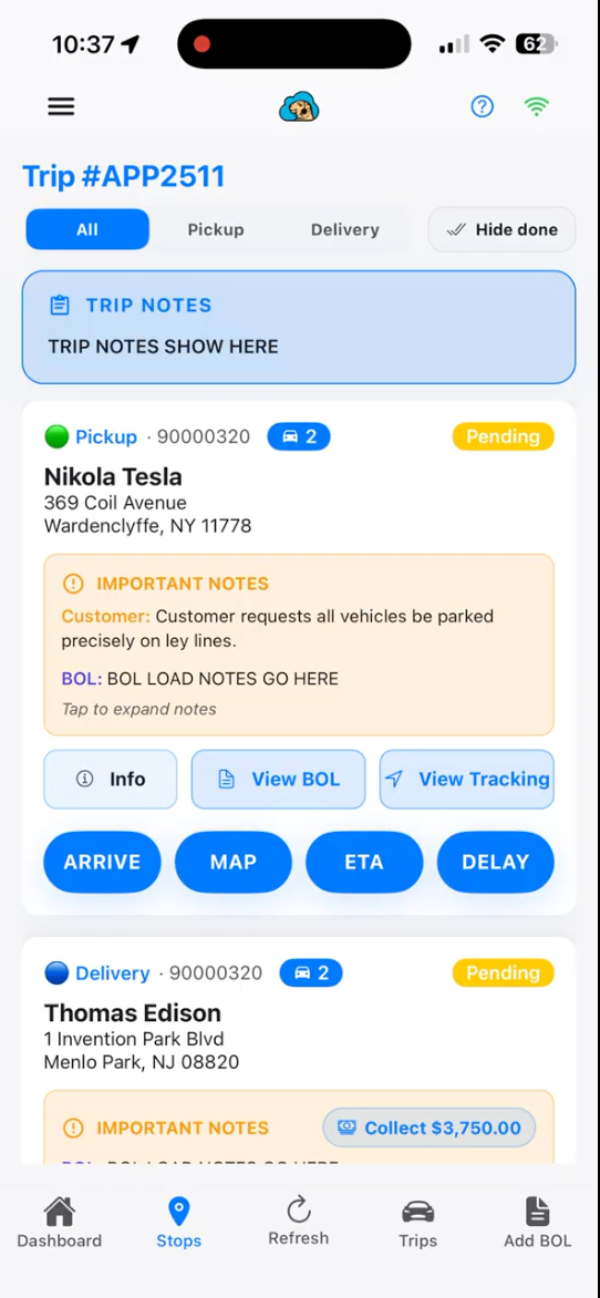 A mobile app screen displays trip details, including Nikola Tesla's and Thomas Edison's information and options.