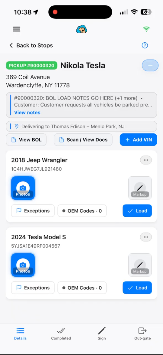 Nikola Tesla profile with company details and car models. User can add and edit entries.