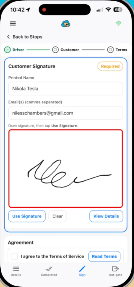 A blue screen with a signature on it