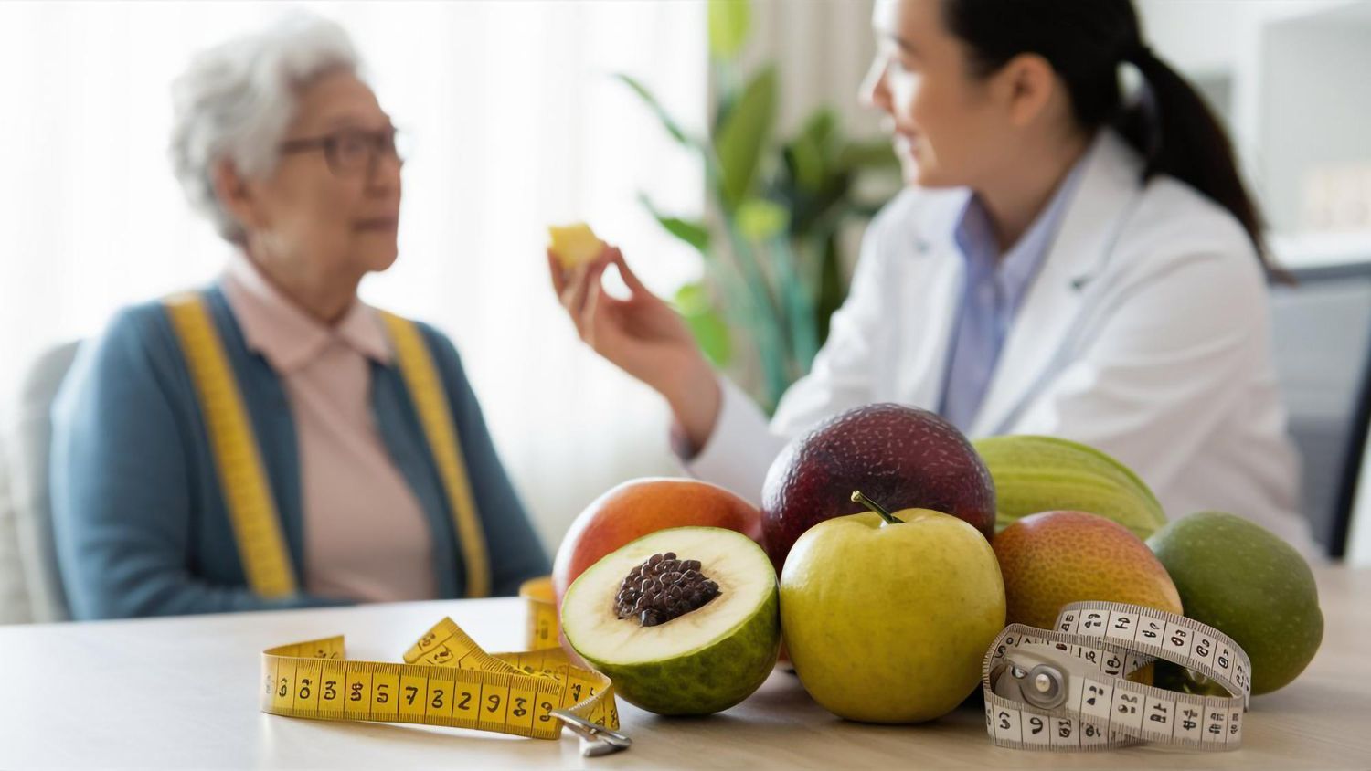 A woman is sitting at a table with fruit and a measuring tape.