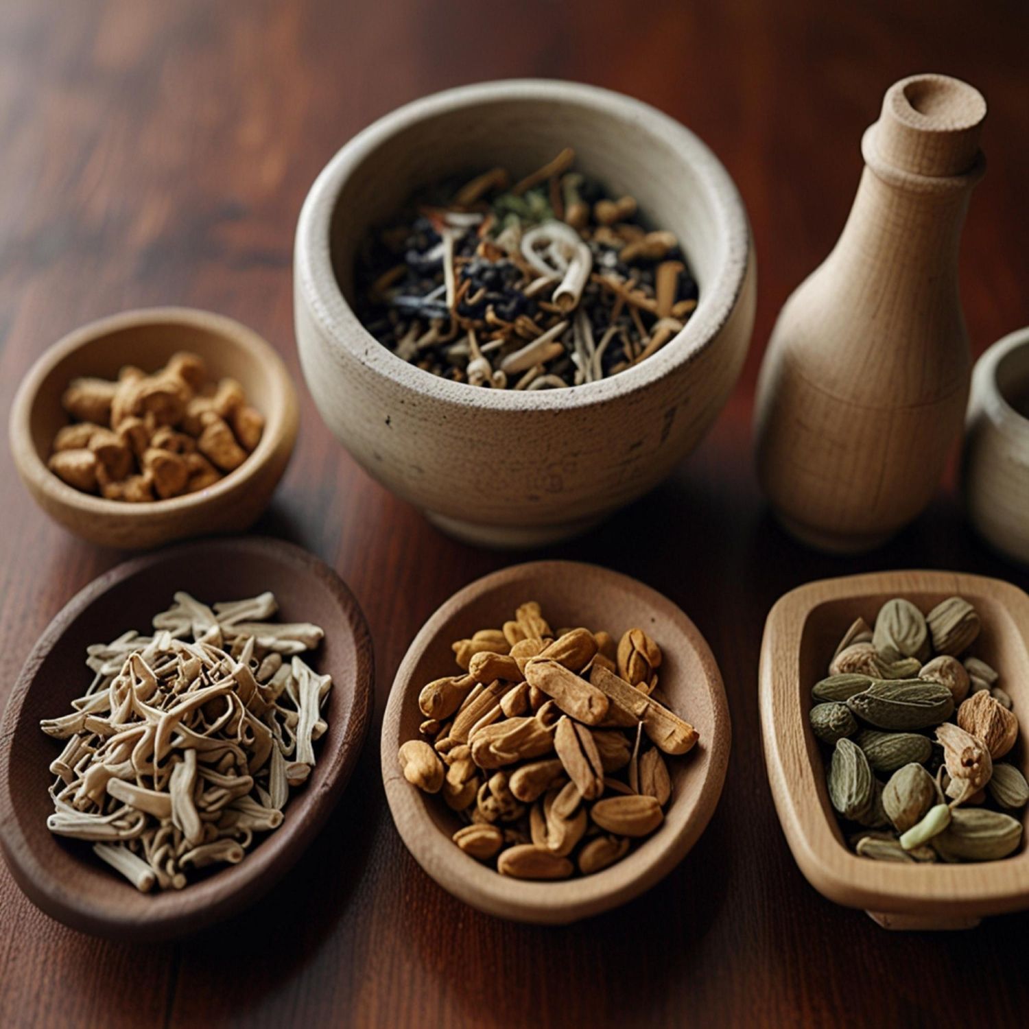 A wooden table topped with bowls of spices and a mortar and pestle