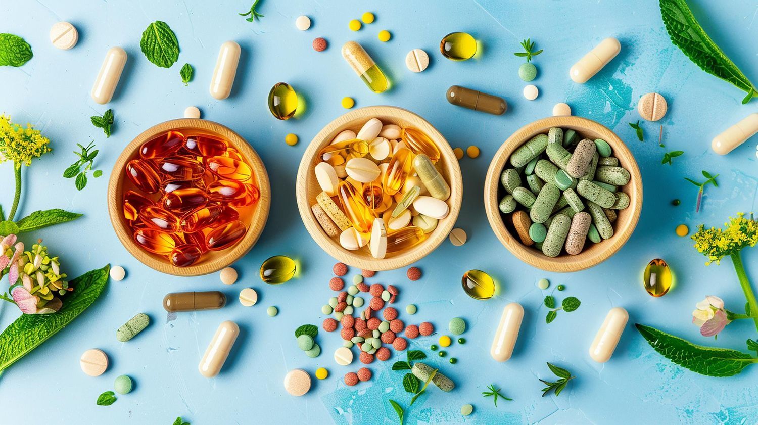 Three bowls filled with different types of vitamins and herbs on a blue background.