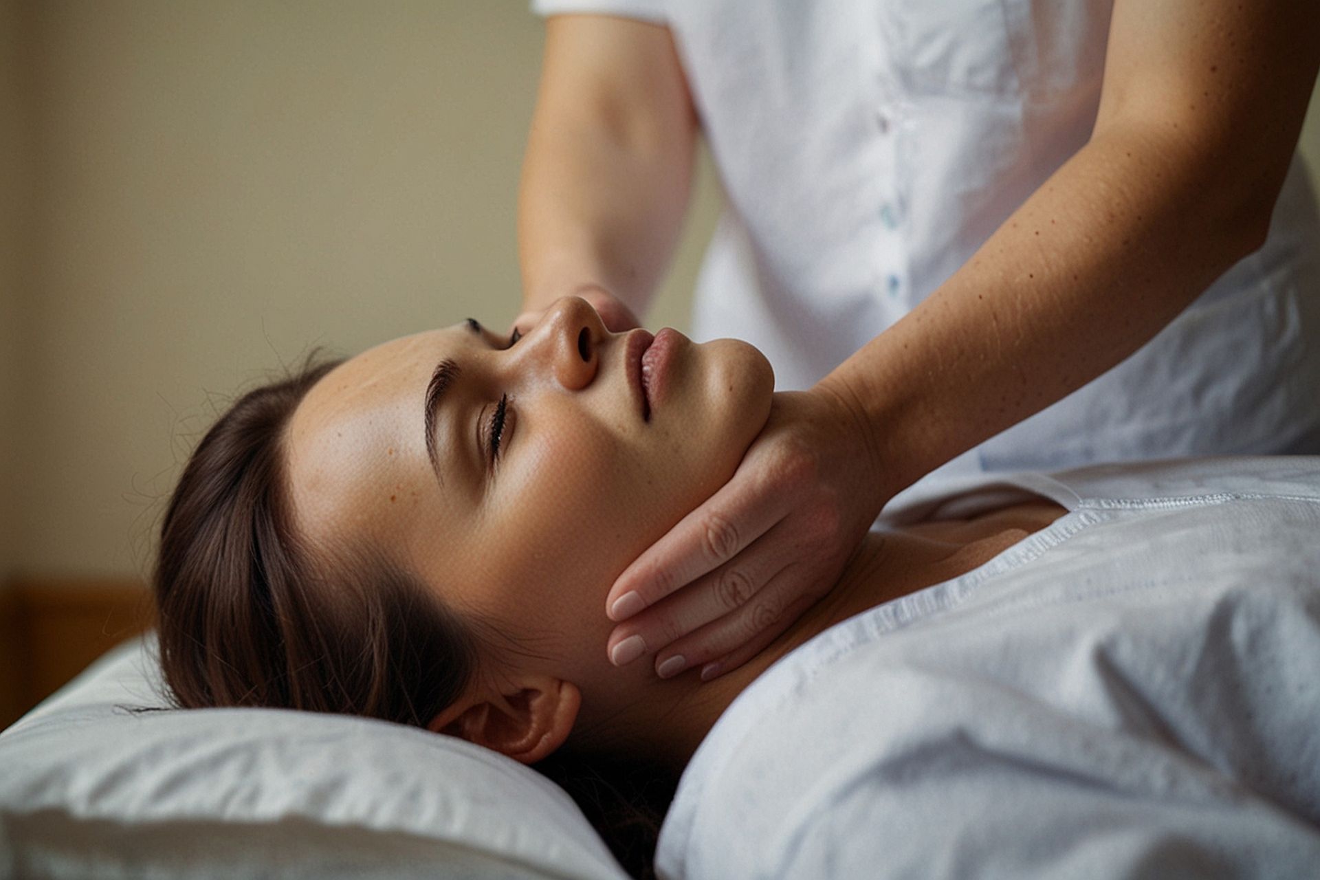 Woman receiving a facial massage, lying on a massage table. Hands gently cup her face.