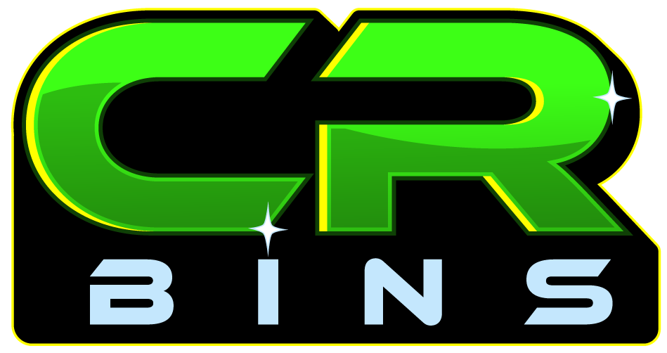 A green and black logo for a company called cr bins.