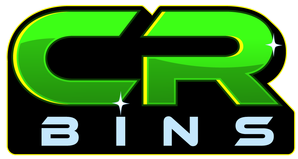 A green and black logo for a company called cr bins