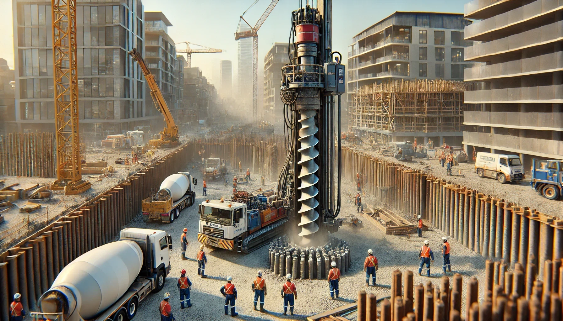 A group of construction workers are working on a construction site, and standing around a large drilling machine.