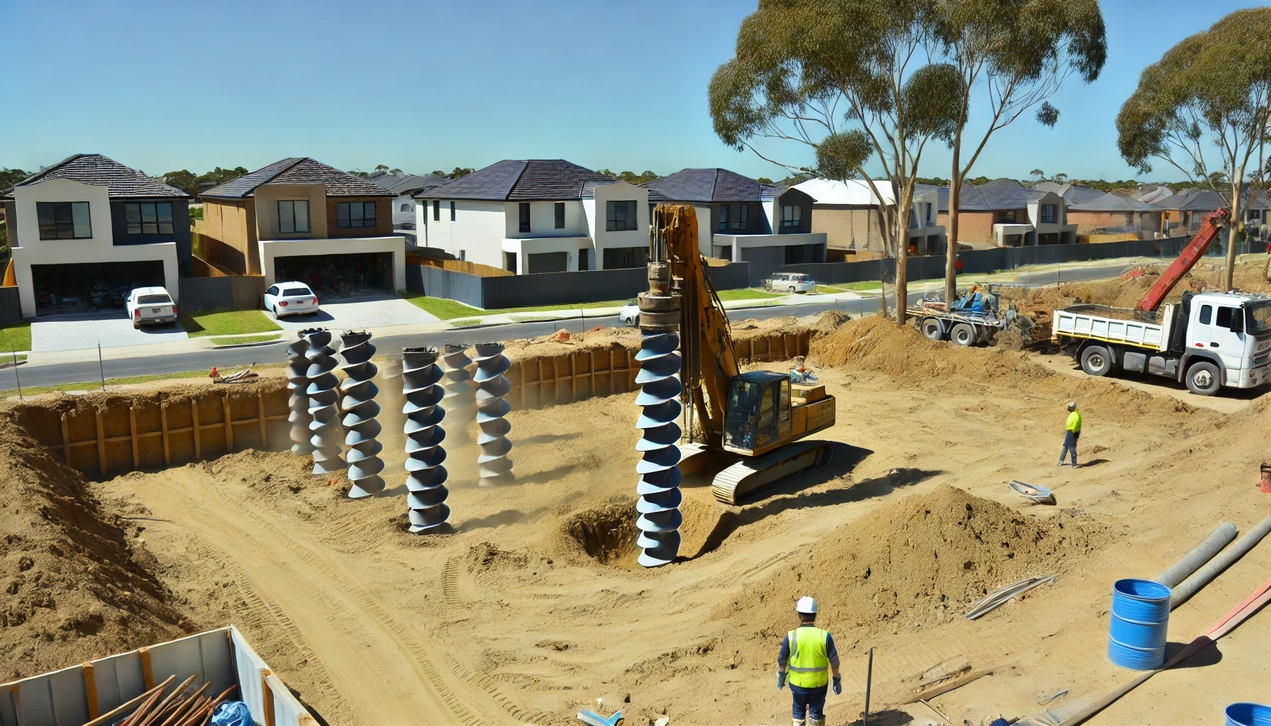 A residential construction site with a lot of dirt, an excavator and foundation piles in the ground.