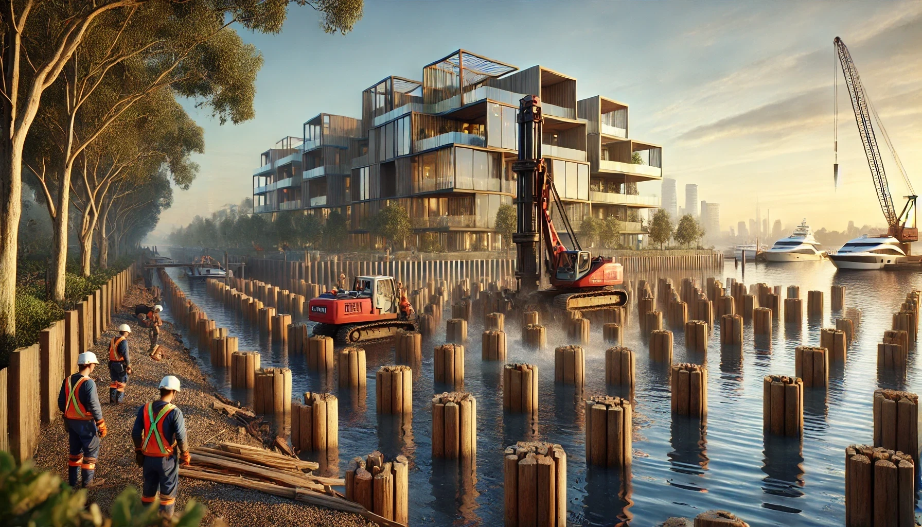 A group of construction workers are standing next to a body of water, where two machines are installing timber piles into the ground.