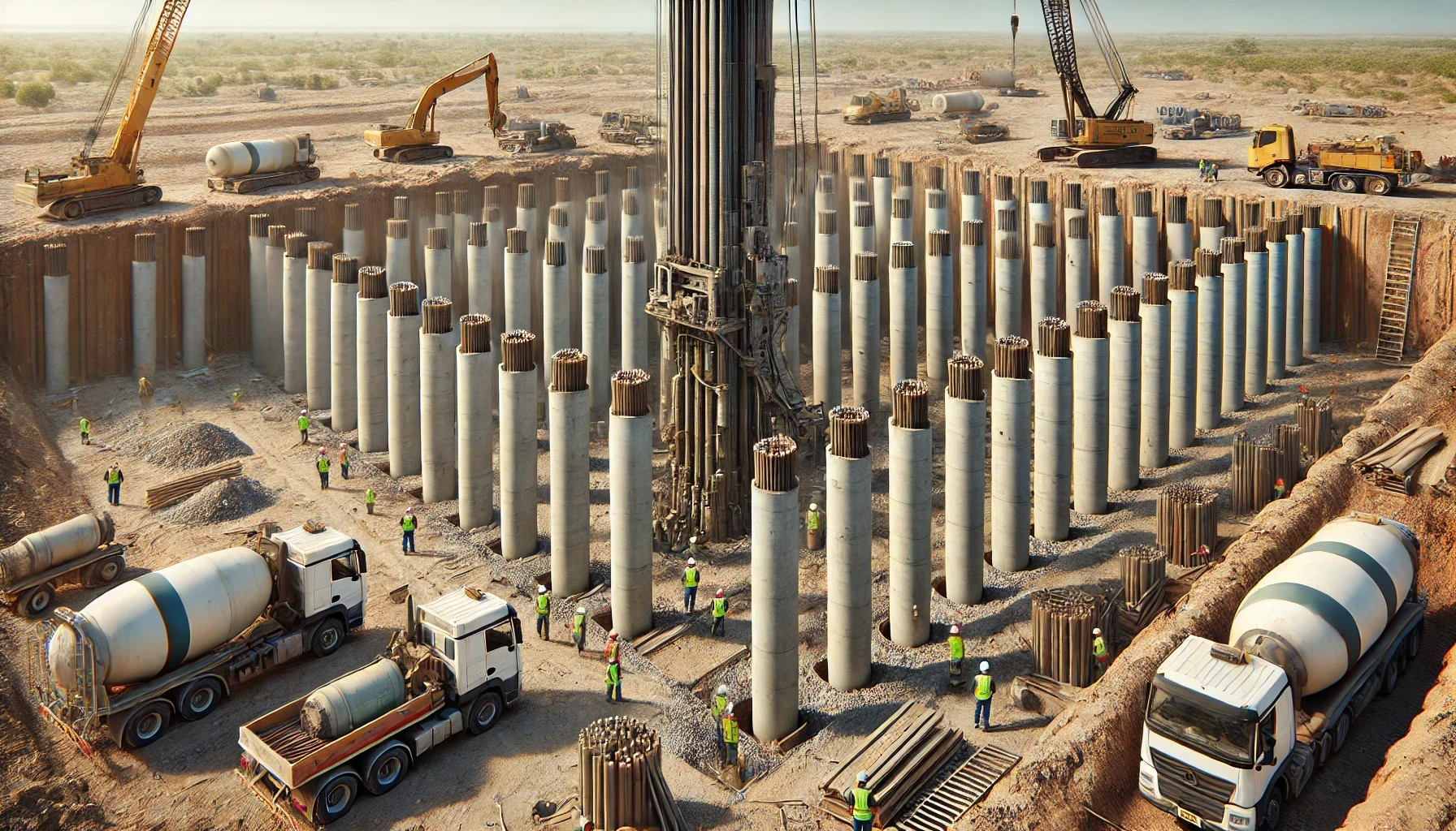 A construction site with a lot of concrete pillars and trucks.