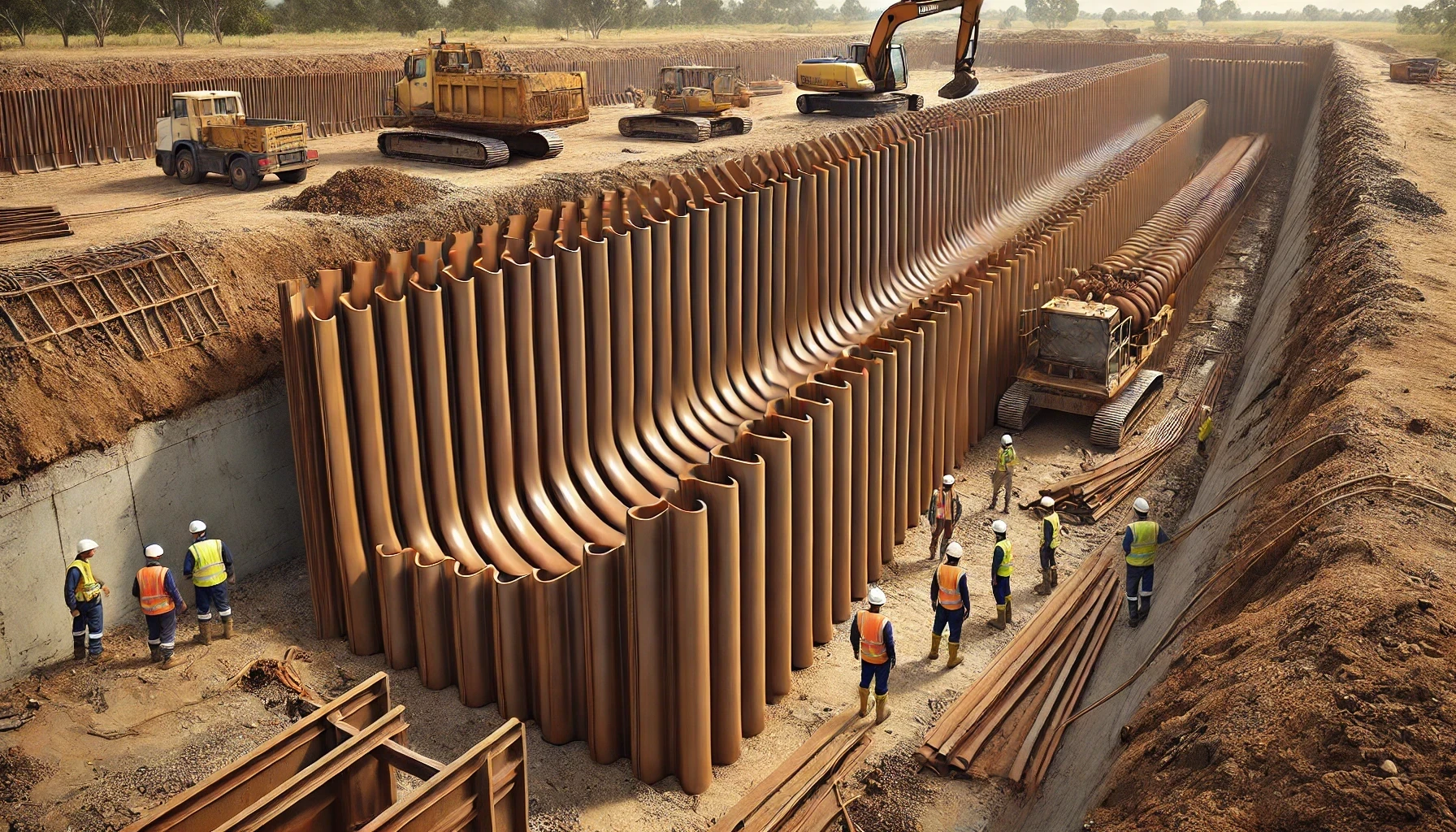 A group of construction workers are working on a large construction site.