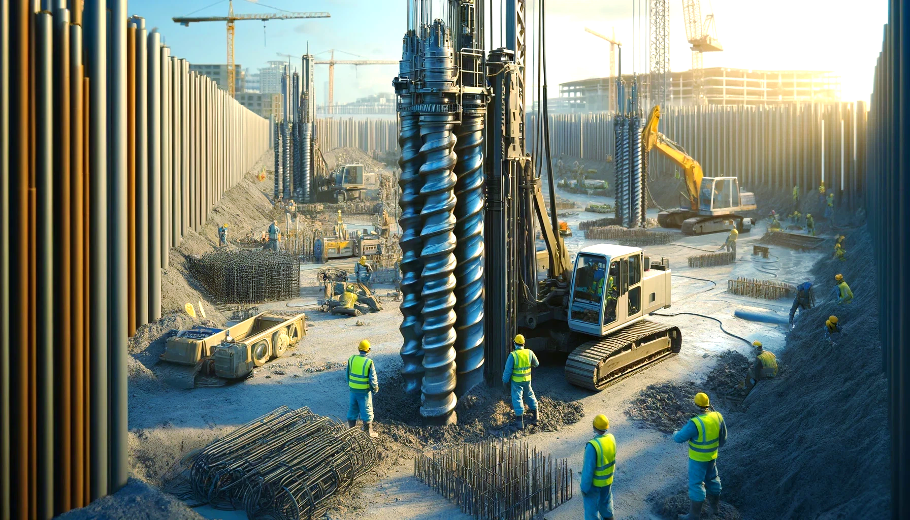 A group of construction workers are working on a construction site with a large drilling machine.