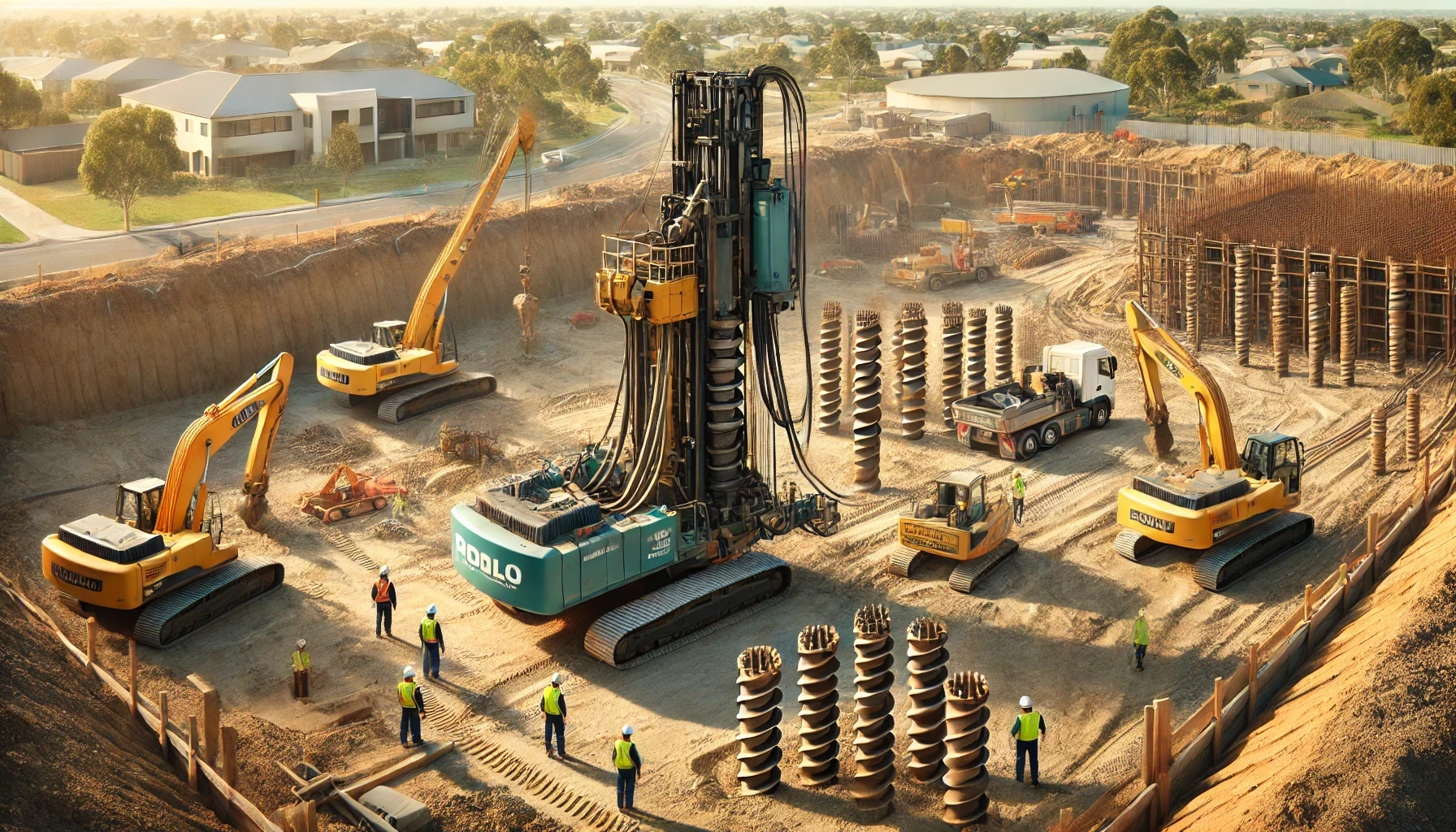 A construction site with a lot of machinery and workers.