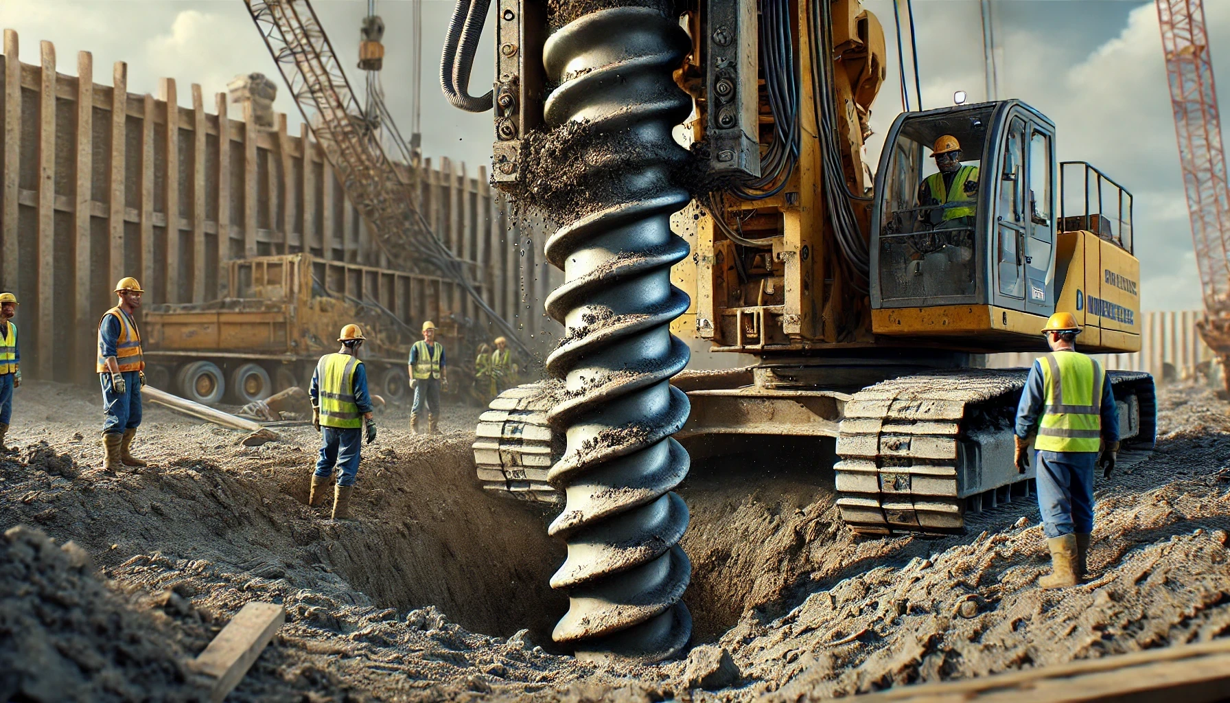 A construction site with a large drill in the ground.