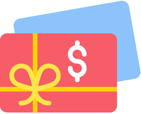 Red gift card with yellow ribbon and dollar sign, blue card in the background.