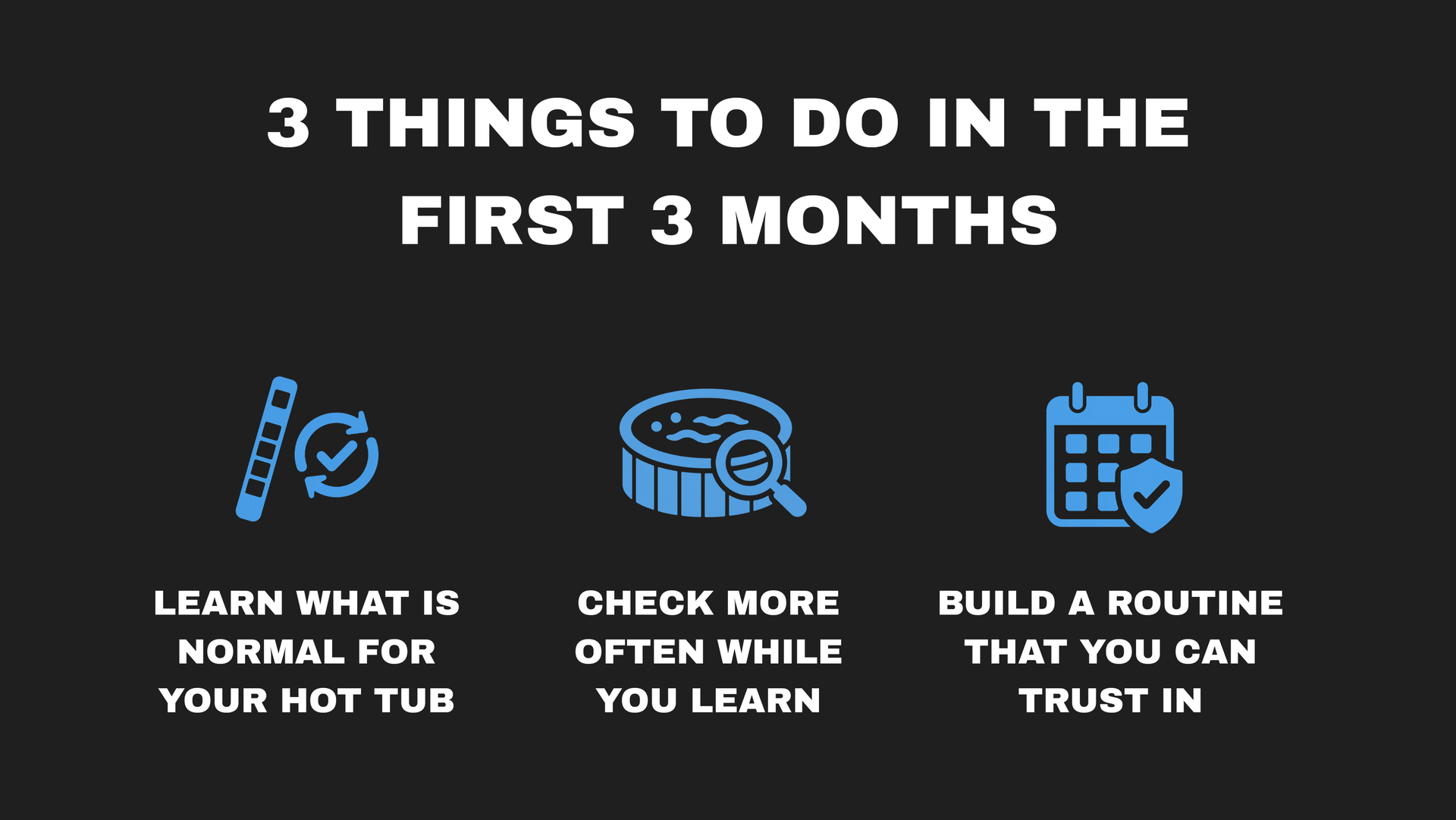 Dark slide with blue icons and white text: “3 things to do in the first 3 months” for a new hot tub.
