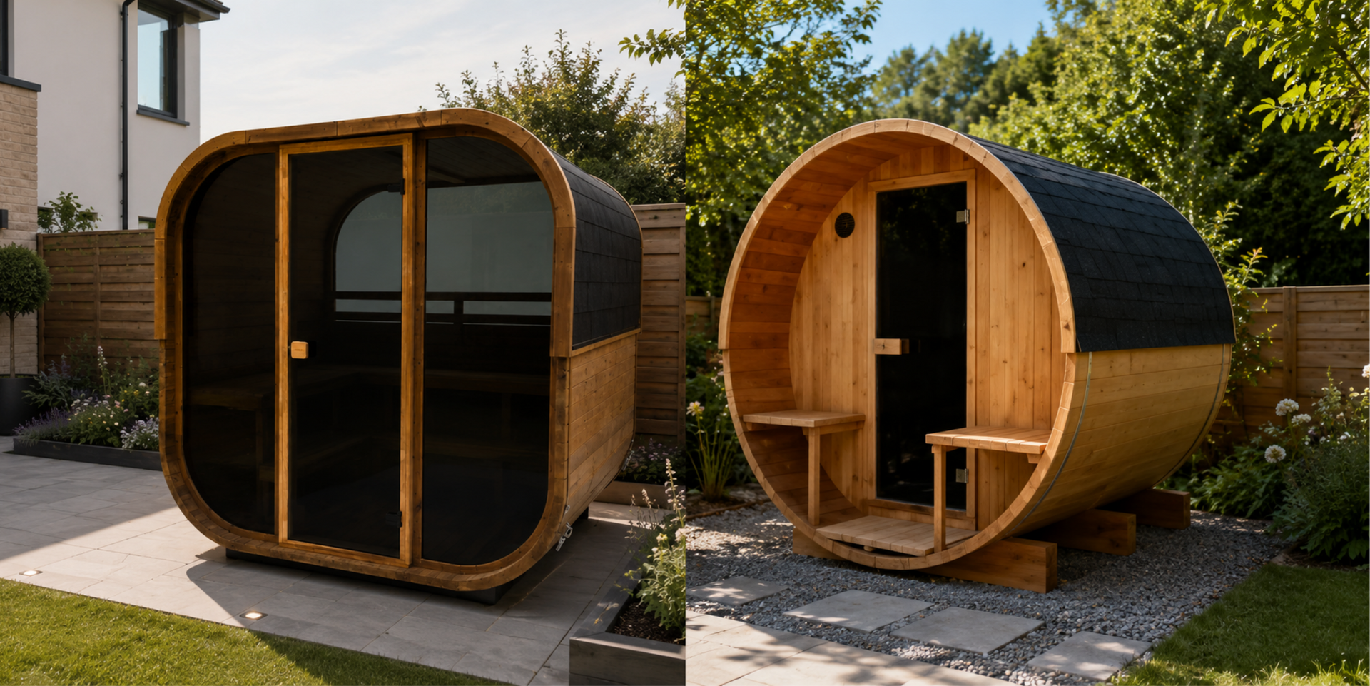 Backyard garden with a wooden sauna pod beside a brick house and lawn