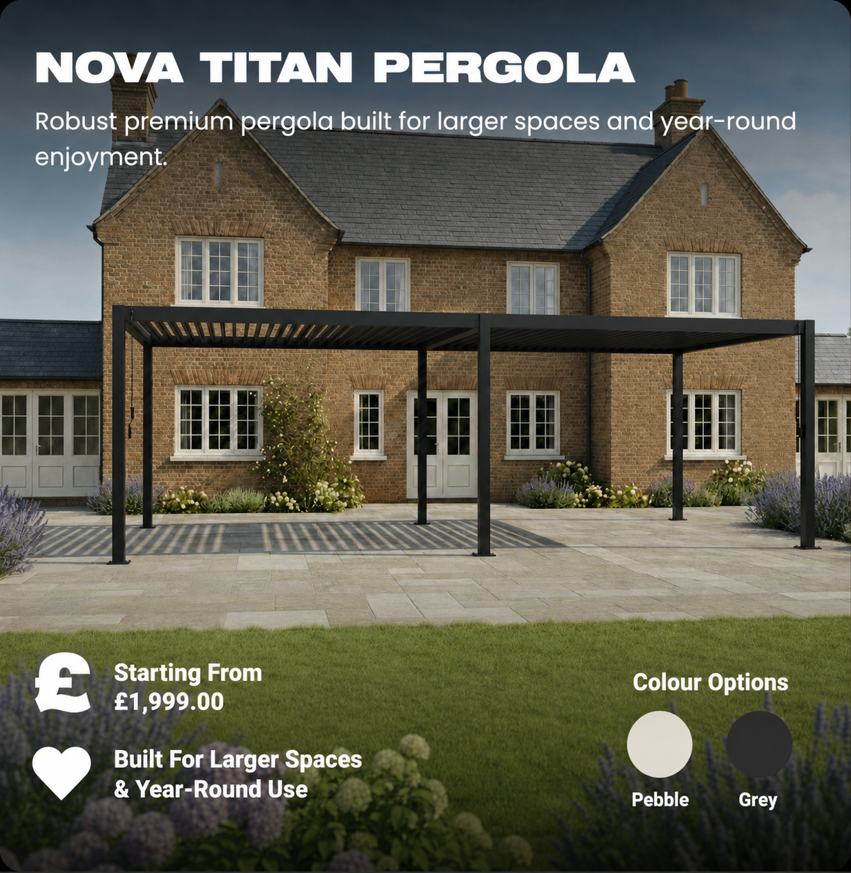 Black pergola over patio in front of brick house, with “Nova Titan Pergola” product text and price shown.