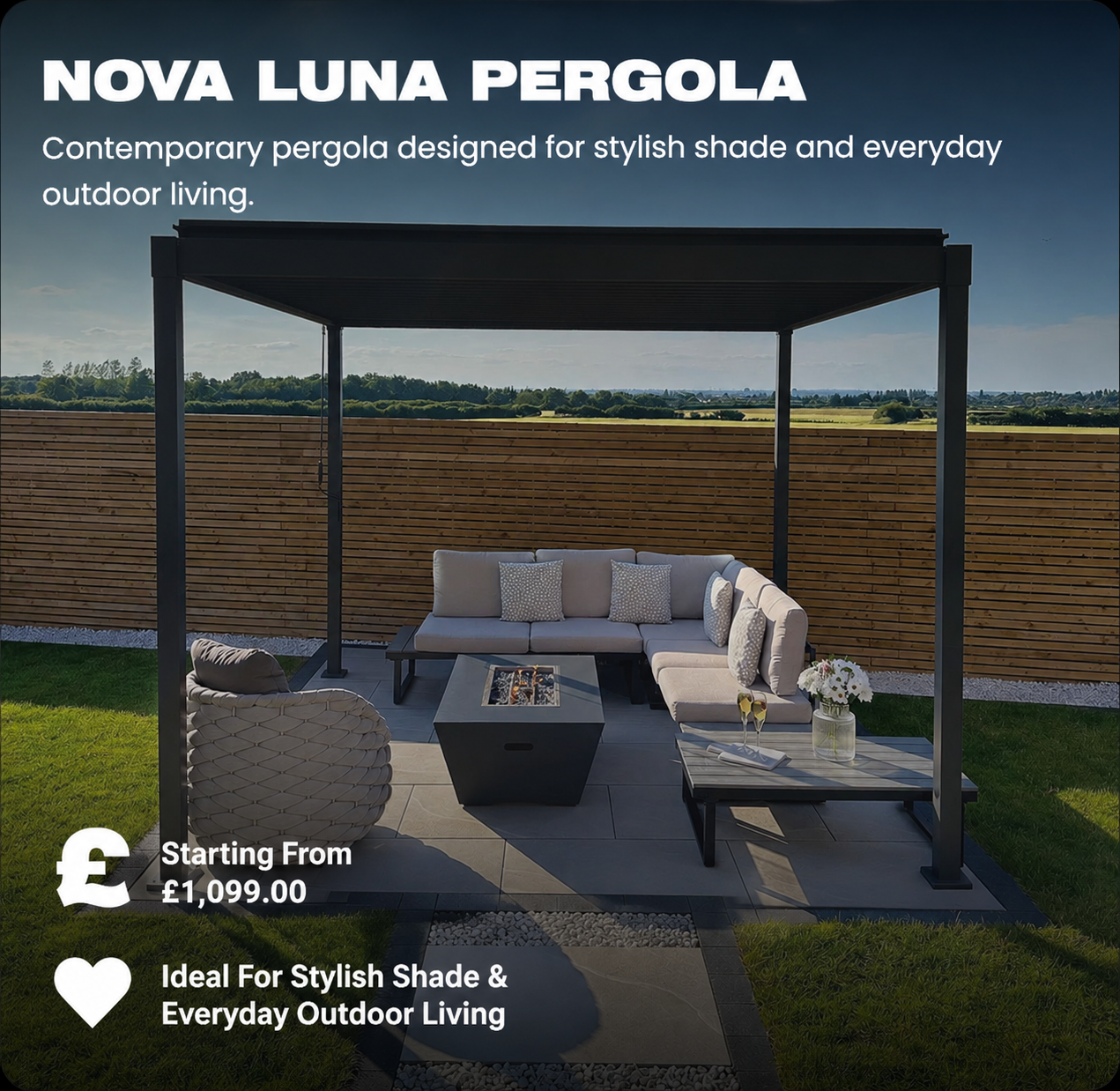 Dark grey pergola over modern outdoor sofa set in a garden, with “NOVA LUNA PERGOLA” text and price