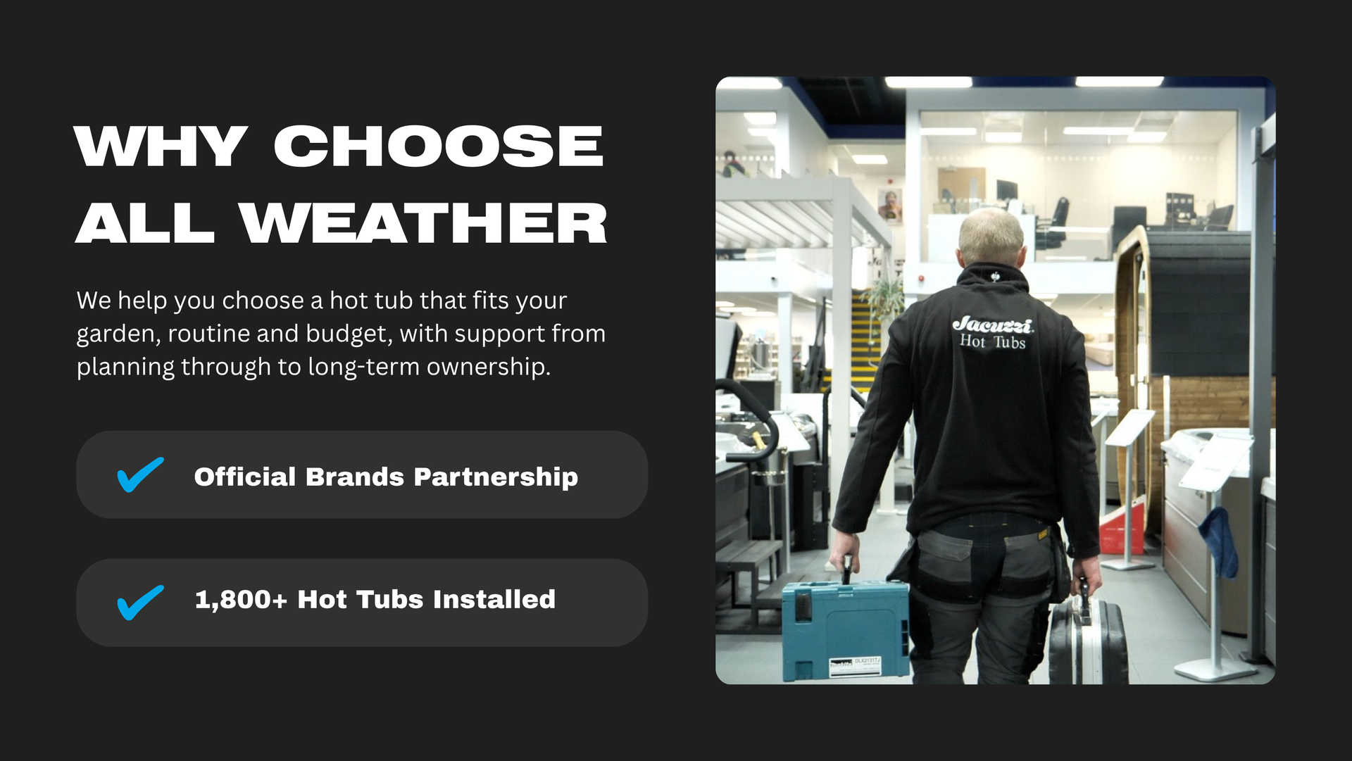 Hot tub by a waterfront at sunset with “Why choose all weather leisure?” promotional text and feature icons.