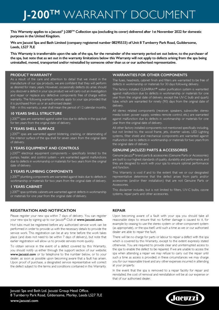 Warranty document page with dense text blocks and J-200 logo at the top and bottom.