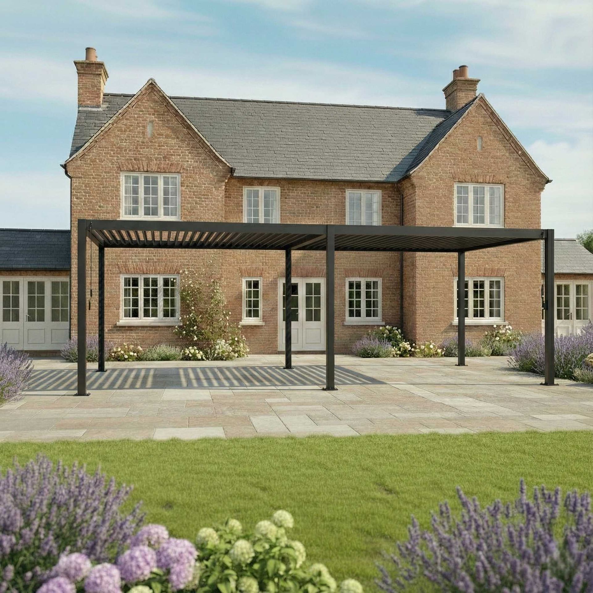 Two-story brick house with a black carport, front garden, and lavender in the foreground