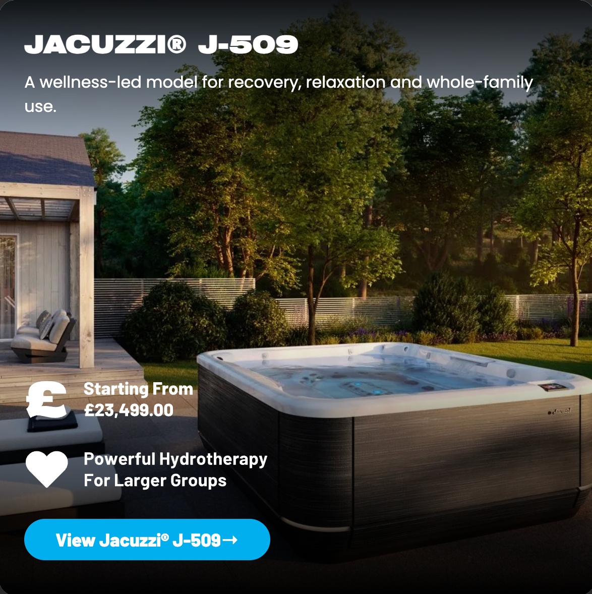 Jacuzzi J-505 hot tub ad at night in a garden, with price and product features displayed