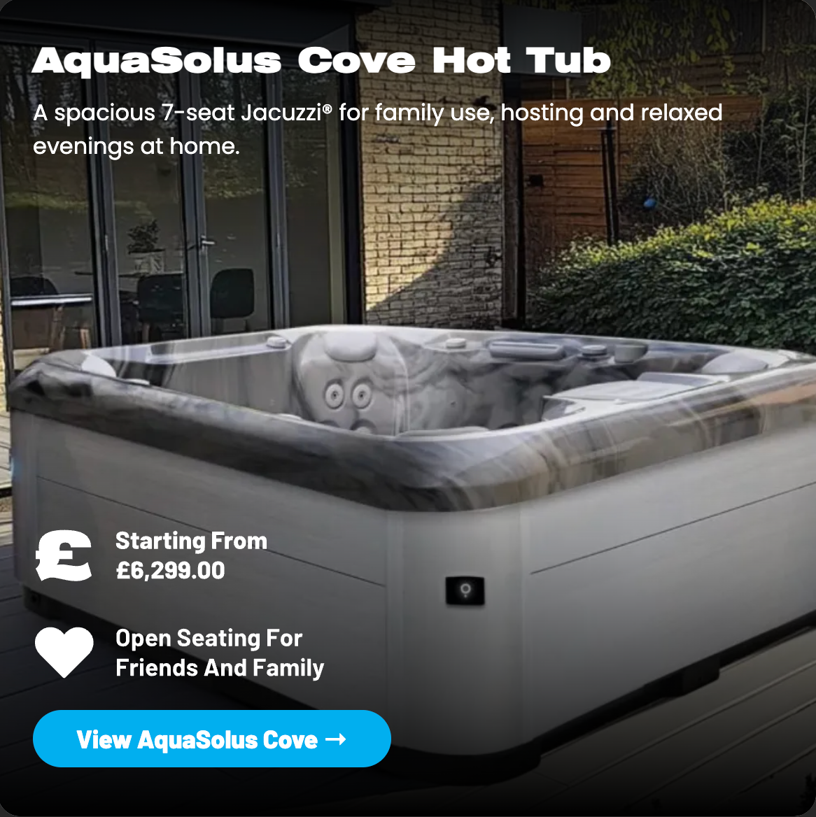 Promotional banner for AquaSolus Cove hot tub, showing a gray 2-seat Jacuzzi in a patio setting.