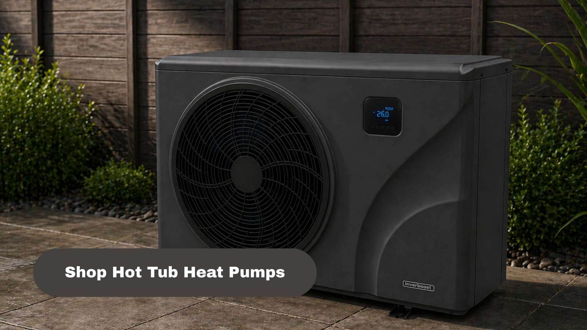 Black hot tub heat pump outdoors on deck with “Shop Hot Tub Heat Pumps” text