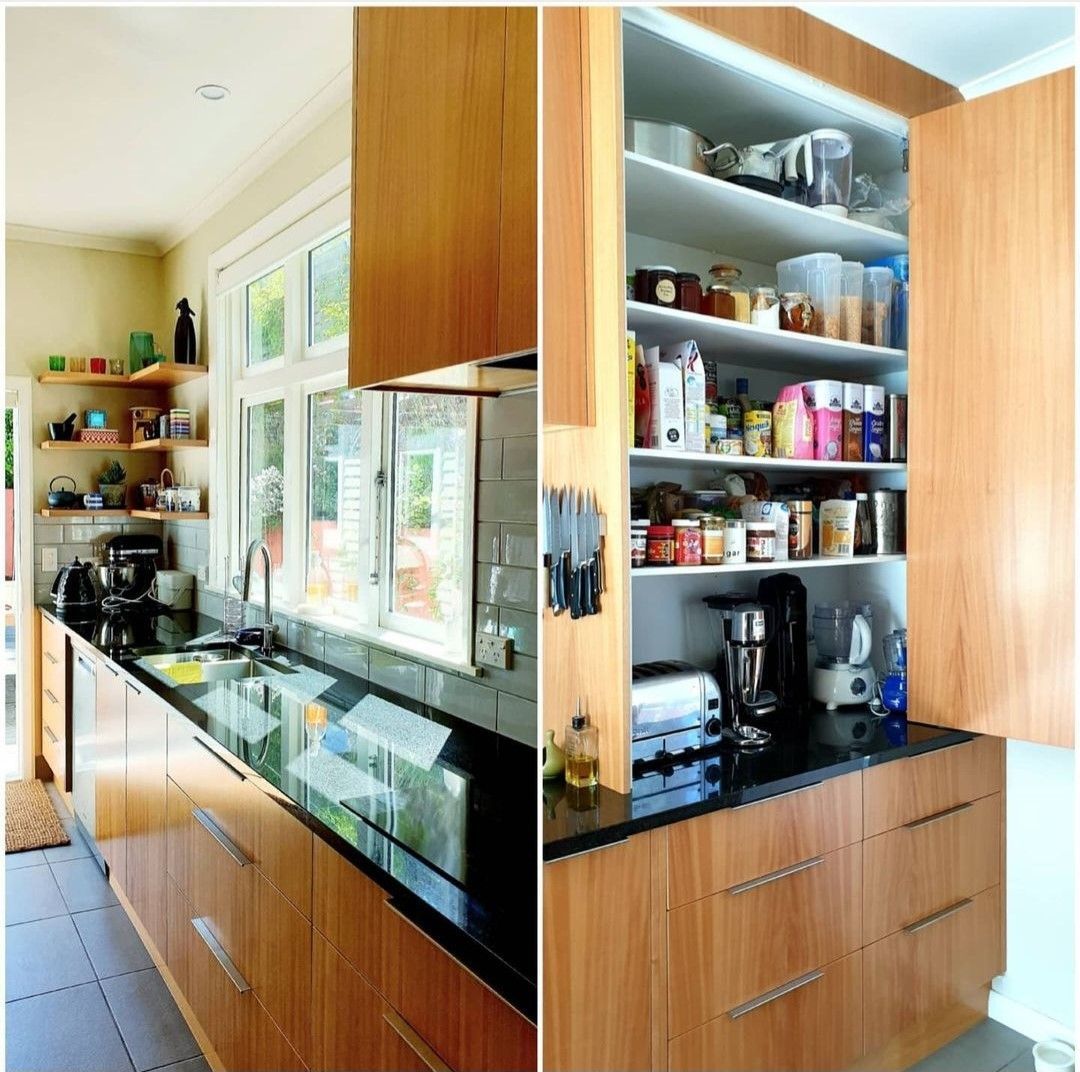 Two pictures of a kitchen with wooden cabinets and shelves